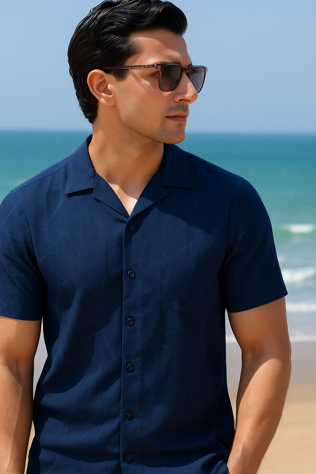 Designed Navy Textured Cuban Shirt