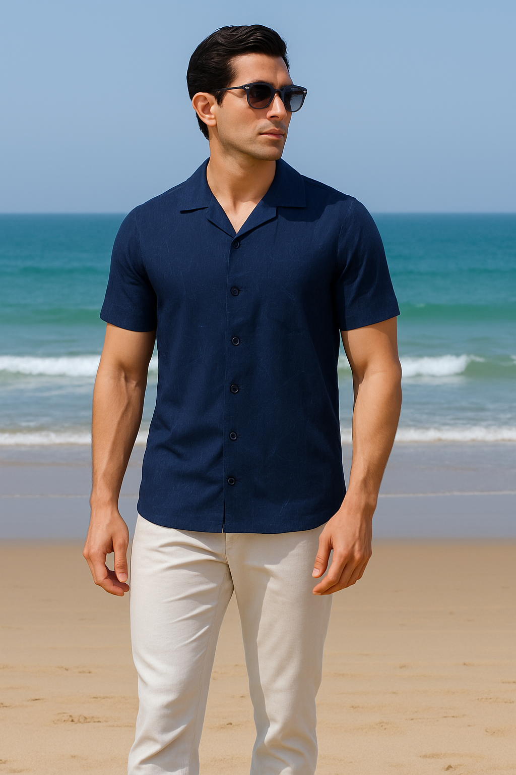 Designed Navy Textured Cuban Shirt