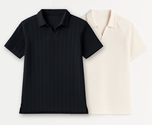 Men’s Textured Johnny Collar Polo Shirt Combo (2-Pack) – Off-White & Black