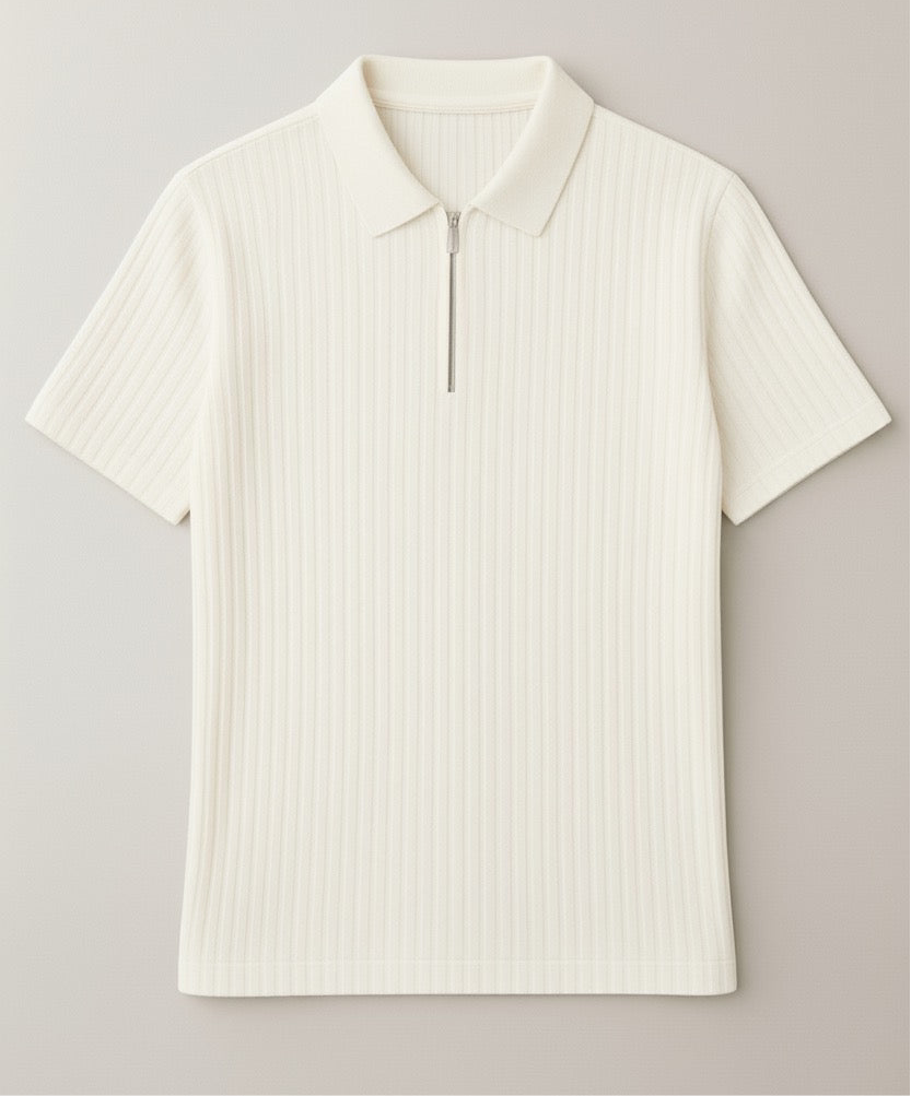 Men’s White Textured Zip Polo Shirt – Premium Casual Wear