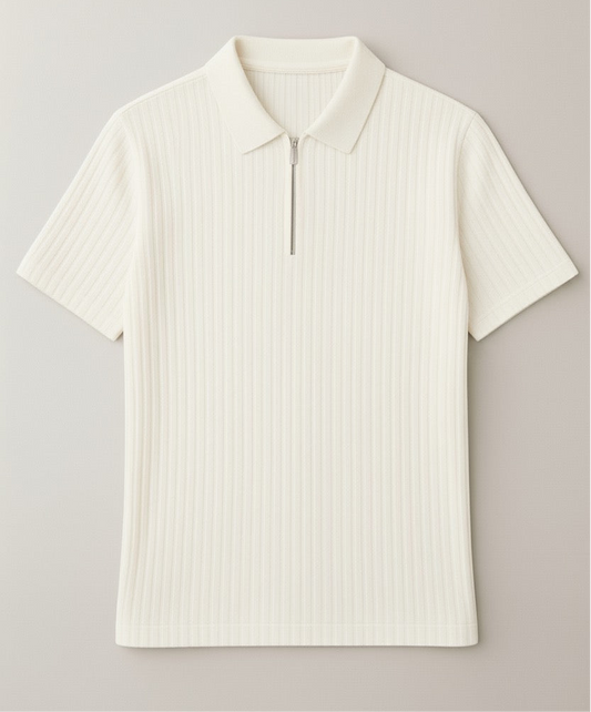 Men’s White Textured Zip Polo Shirt – Premium Casual Wear