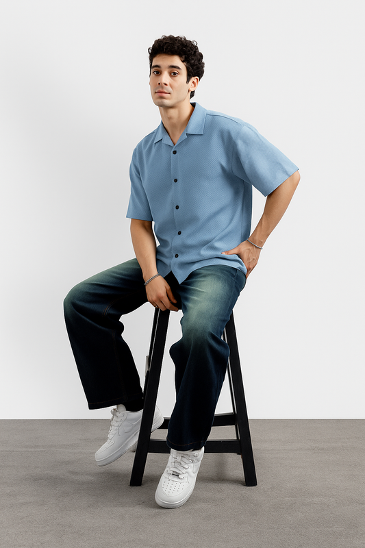 Casual Blue Textured Cuban Shirt