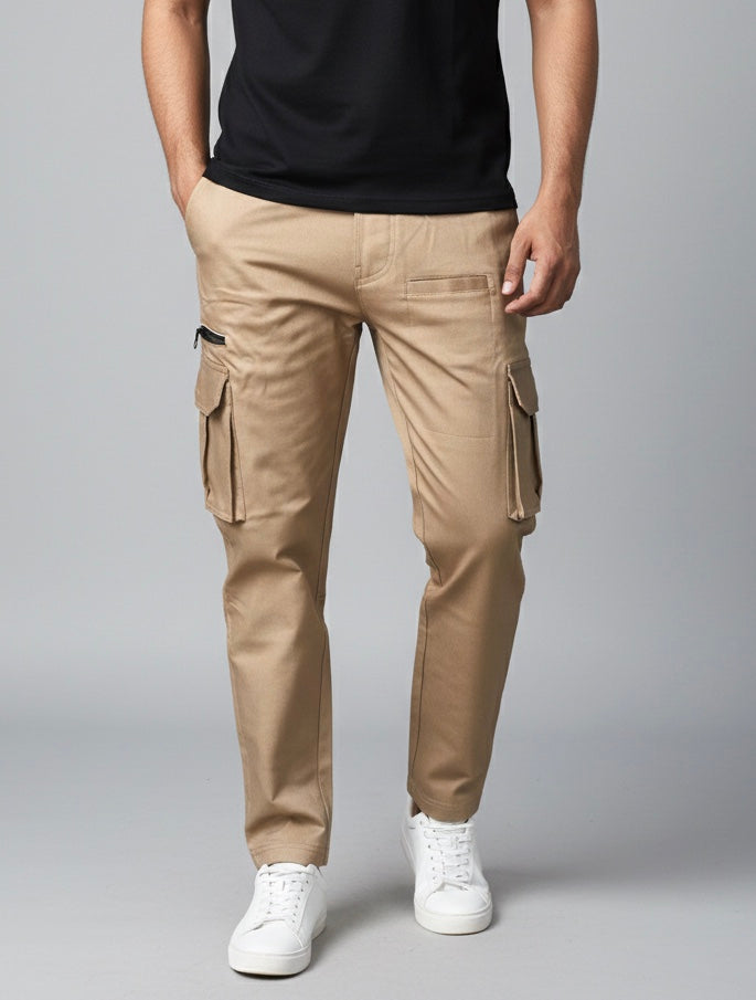 8 Pockets Cargo Pants with Elastic Waist & Zip Pocket
