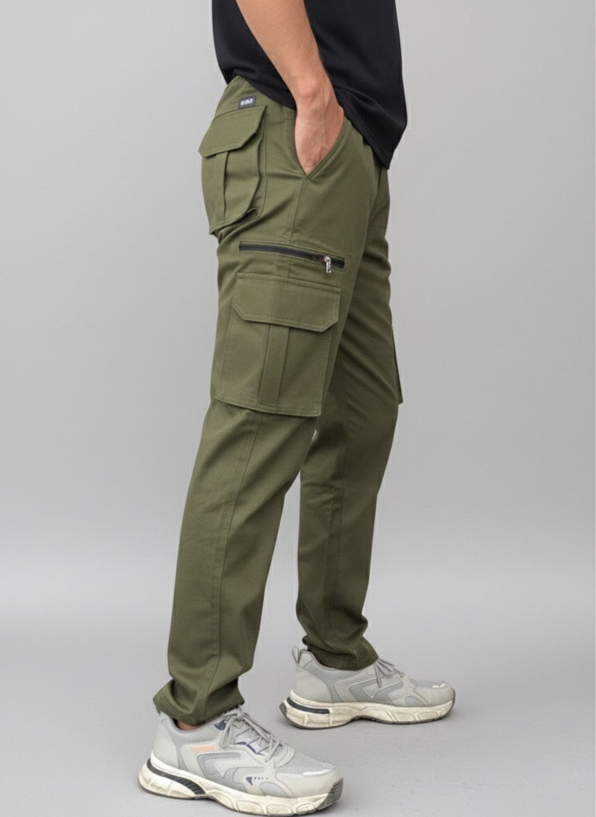 8 Pockets Cargo Pants with Elastic Waist & Zipper Pocket
